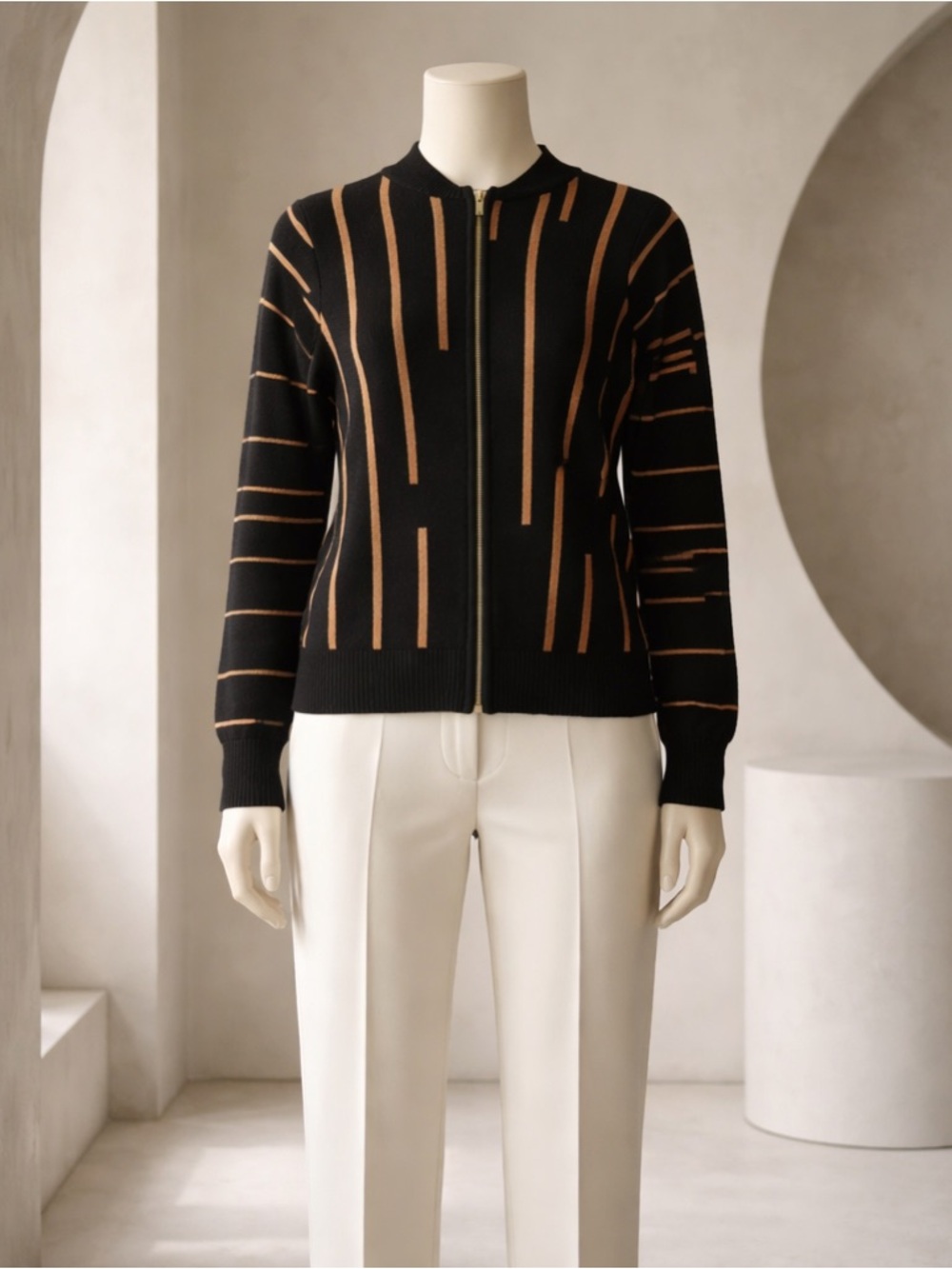 Black Zip-Front Women's Cardigan with Brown Stripe Accents